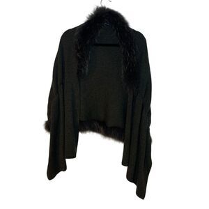 Linda Richards Luxury Wool Blend Raccoon Fur Trim Shawl Sweater OS Winter Party